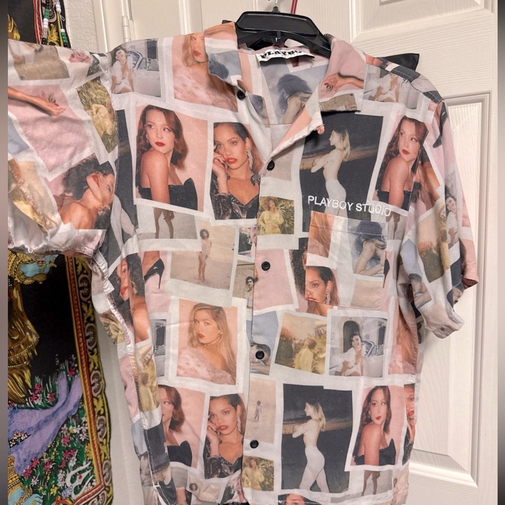 Playboy picture collab collage button up tee top